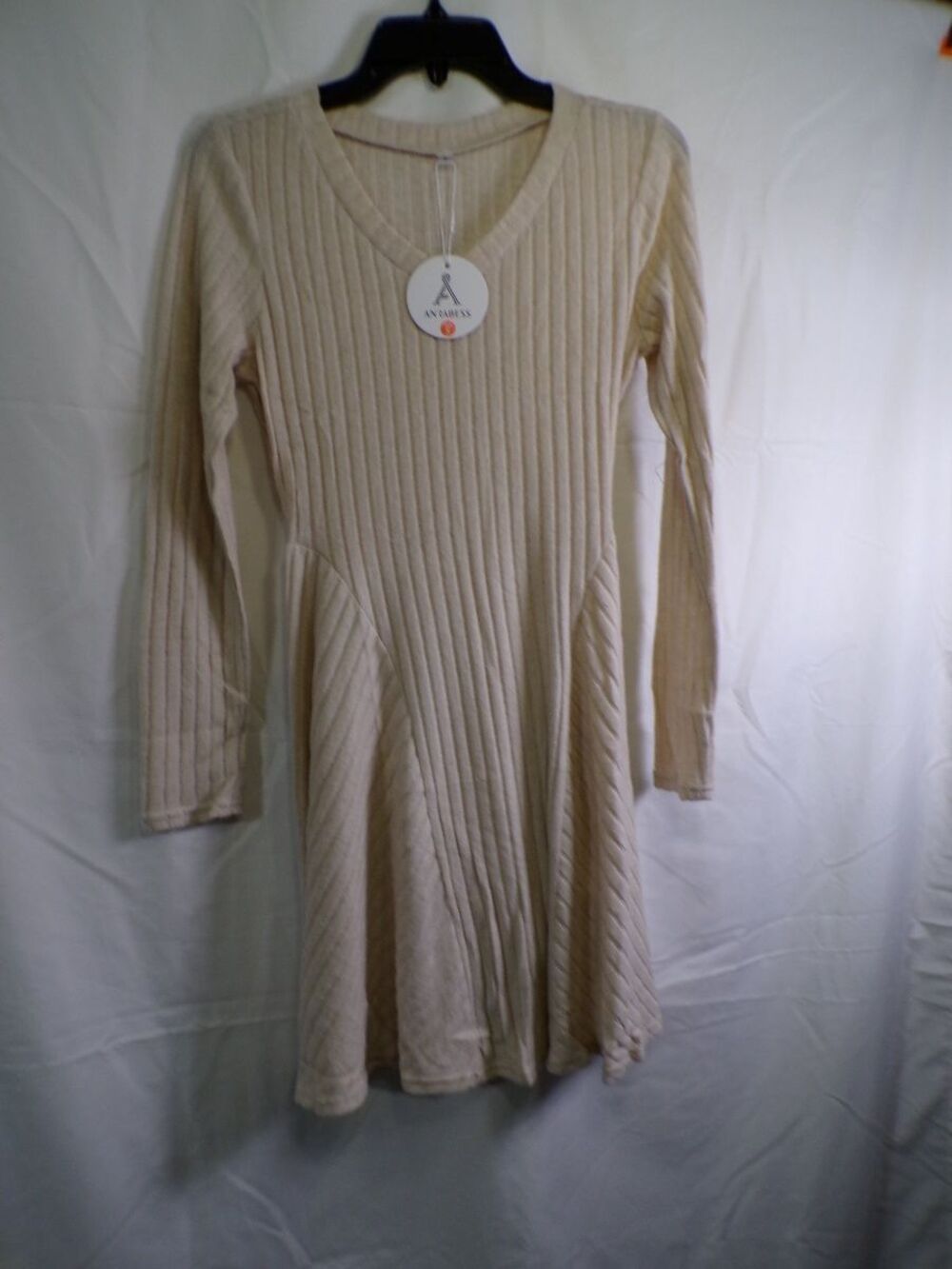 ANRABESS Ribbed Knit Sweater Dress TL00037 Beige S Crew Neck Long Sleeve